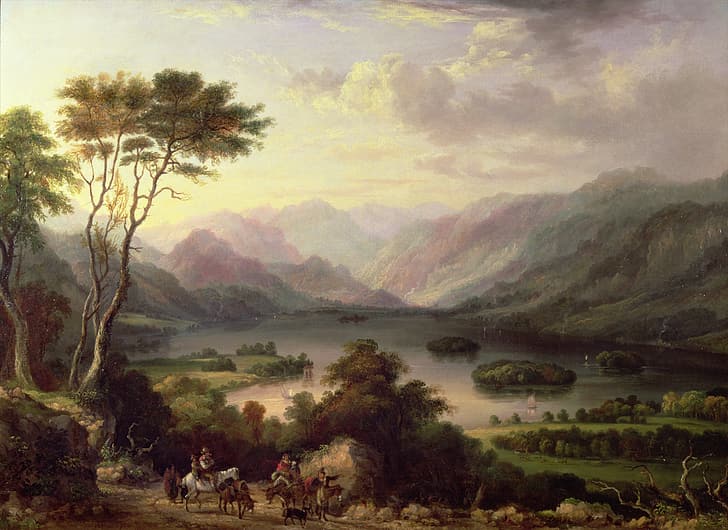 بحيرة ، شعب ، شجرة ، تلال ، حصان ، حمير ، آرثر هيوز ، كارافانشيك ، رسم للتطريز، خلفية HD