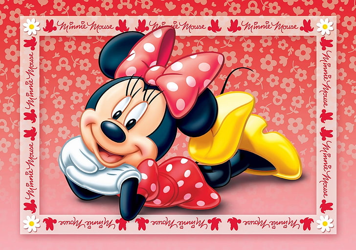 Minnie Mouse, fofa, vermelha, amarela, arco, disney, HD papel de parede