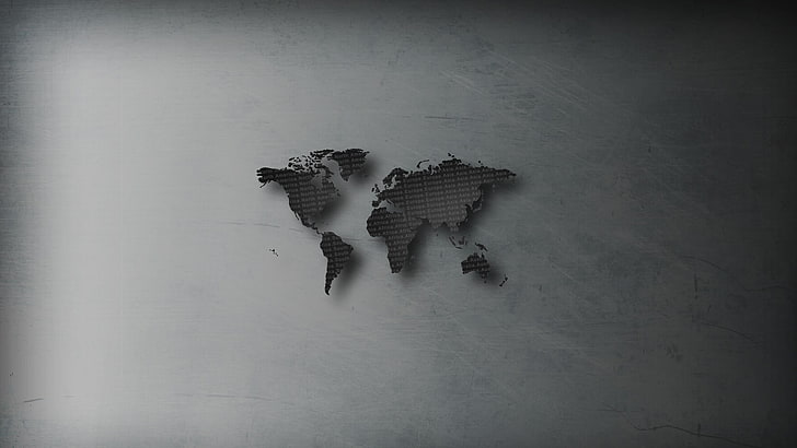 Ilustración del mapa mundial, arte digital, minimalismo, fondo simple, mapa mundial, continentes, Europa, África, Asia, Australia, América del Sur, isla, América del Norte, arañazos, texto, Fondo de pantalla HD