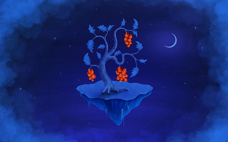 Ilustración del árbol, arte digital, arte de fantasía, cielo, nubes, isla flotante, Vladstudio, árboles, Luna, hojas, Navidad, estrellas, regalos, raíces, azul, Fondo de pantalla HD