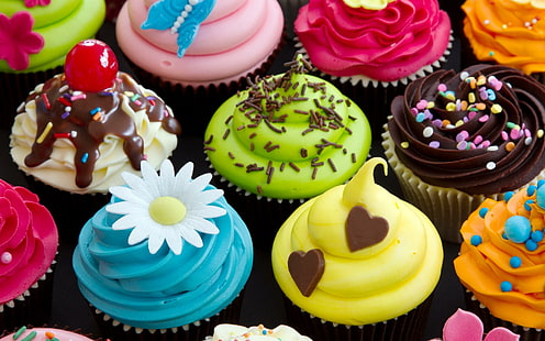 Obstkuchen, Cupcake, Dessert, Sahne, verschiedene Cupcakes, Obstkuchen, Cupcake, Dessert, Sahne, HD-Hintergrundbild HD wallpaper