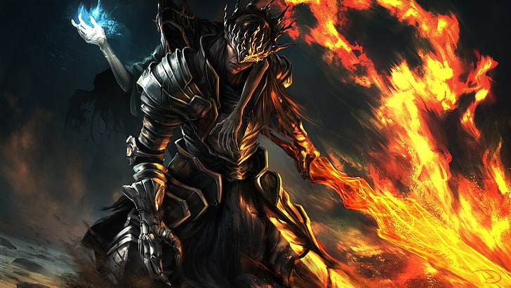 Mann hält Feuerschwert Wallpaper, Waffen, Feuer, das Spiel, Schwert, Rüstung, Kunst, Dark Souls 3, HD-Hintergrundbild