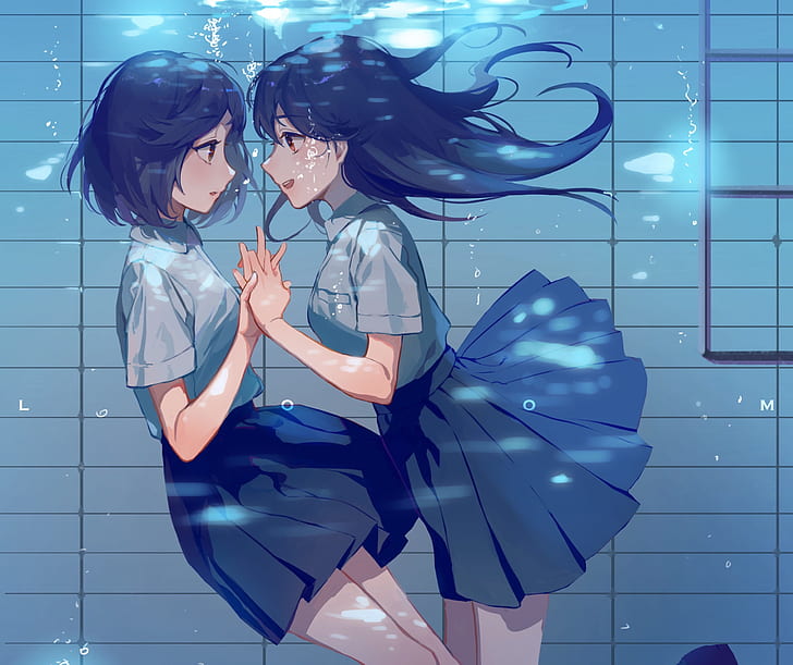 anime, anime girls, underwater, dark hair, holding hands, HD wallpaper