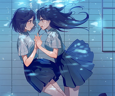 anime, chicas anime, bajo el agua, cabello oscuro, tomados de la mano, Fondo de pantalla HD HD wallpaper