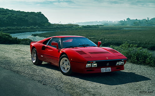 car, red, Ferrari, landscape, river, road, nature, ferrari 288 gto, HD wallpaper HD wallpaper
