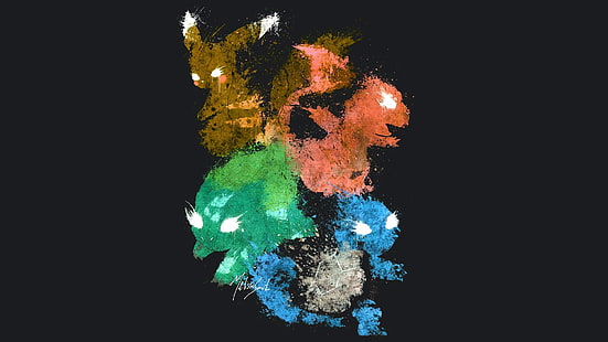 Ilustracja postaci Pokemona, Pikachu, startery, czarne tło, Pokémon, Tapety HD HD wallpaper