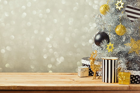 แจกันลายขาวดำตกแต่งลูกบอลปีใหม่คริสต์มาสสุขสันต์วันปีใหม่, วอลล์เปเปอร์ HD HD wallpaper
