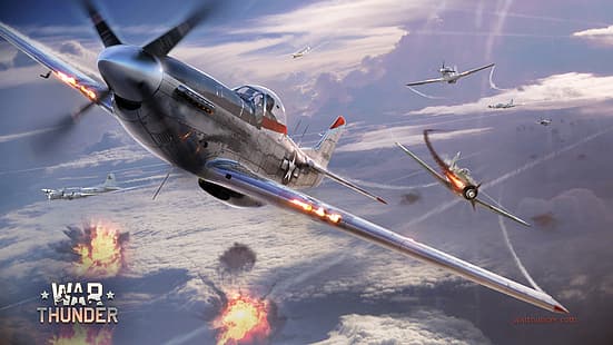 niebo, chmury, ogień, wojna, Mustang, myśliwiec, Boeing, bombowiec, sztuka, amerykański, północnoamerykański, B-17, niemiecki, tłokowy, jednosilnikowy, Focke-Wulf, P-51D, War Thunder, Flying Fortress, Wurger, Dora, Verger, Fw.190D, Tapety HD HD wallpaper