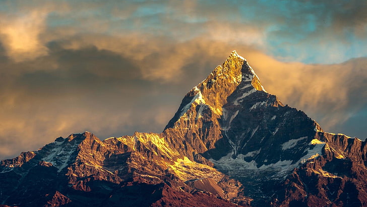 pokhara, himalaje, góra, pasmo górskie, światło słoneczne, chmura, Annapurna, Macchapucchre, pasmo Annapurna, Himalaje, krajobraz, poranek, szczyt, Fishtail Mountain, Nepal, Tapety HD