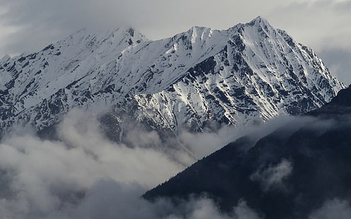 заснежена планина, планини, зима, природа, облаци, HD тапет HD wallpaper