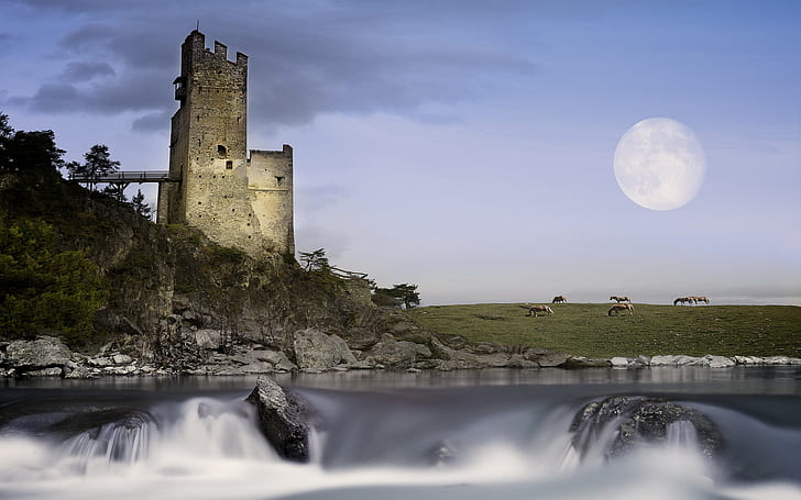 landscape, castle, the moon, Tyrolian Highlands, HD wallpaper