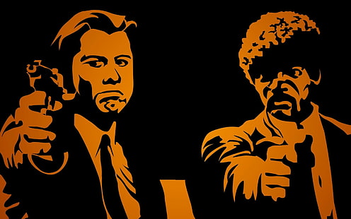 Криминальное чтиво Orange Black HD, 2 мужчины в пиджаке с пистолетами, иллюстрация фильма, черный, фильмы, оранжевый, фантастика, мякоть, HD обои HD wallpaper