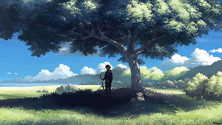 anime, grass, sky, landscape, field, meadow, clouds, summer, tree, spring, trees, outdoors, cloud, rural, environment, park, horizon, scenery, outdoor, countryside, day, sunny, sun, hill, country, outside, freedom, weather, season, grassland, forest, natural, clear, cloudy, scene, plant, idyllic, scenic, agriculture, HD wallpaper