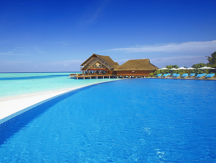 4K, Plaj tatil köyleri, Maldivler, HD masaüstü duvar kağıdı