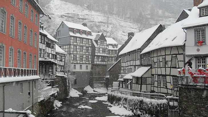 눈, 집, 산, 마을, 마을, 독일, HD 배경 화면
