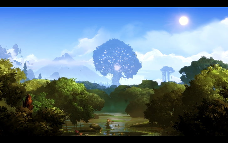 video games, screen shot, Ori and the Blind Forest, trees, forest, lake, Sun, sky, HD wallpaper