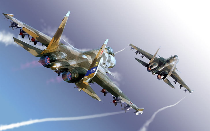طائرتان مقاتلتان رمادية اللون ، السماء ، الطائرة ، المقاتلة ، الصواريخ ، سوخوي ، متعددة الأغراض ، فائقة المناورة ، سو -37 ، فلانكر- F، خلفية HD