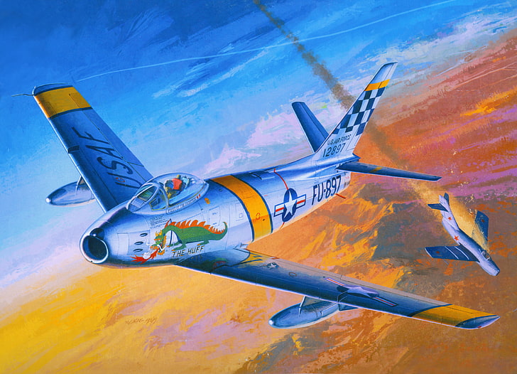 the sky, figure, art, American, aircraft, Soviet, The MiG-15, F-86, North, downed, jet fighters, The Korean war 1950-1953, 