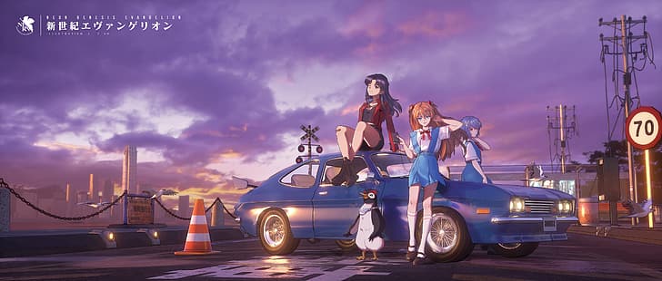 Neon Genesis Evangelion, Asuka Langley Soryu, Katsuragi Misato, Ayanami Rei, Penpen, DayDayPainting STUDIO, аниме, аниме момичета, HD тапет