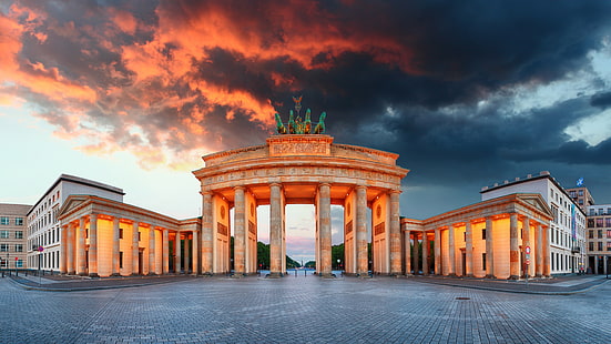 Brama Brandenburska, Niemcy, niebo, chmury, światła, wieczór, Niemcy, teren, pomnik, architektura, Berlin, Brama Brandenburska, Tapety HD HD wallpaper