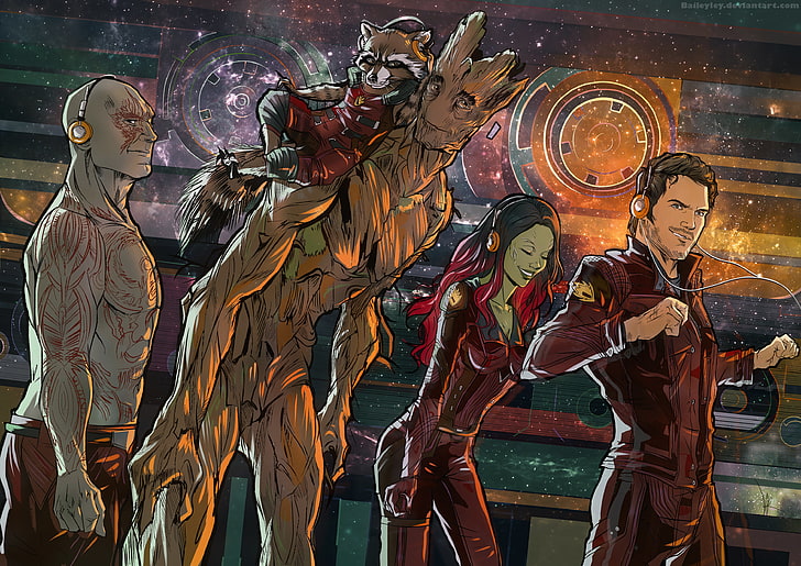Иллюстрация героев Стражей Галактики, Ракета, енот, Стражи Галактики, Звездный Лорд, Гамора, Грут, Дракс, HD обои