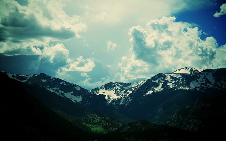 록키 산맥, 산 풍경, 출장, mountanis, 눈, 흐린 날씨, 자연, 아름다운, 구름, 어둠, 3D 및 초록, HD 배경 화면