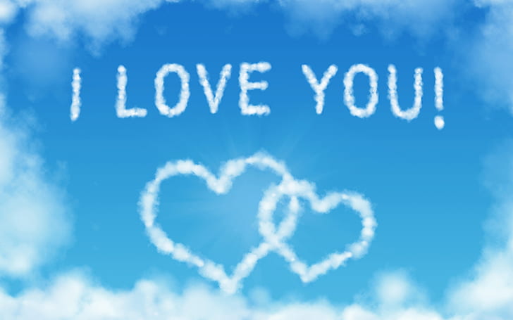 I Love You, Heart-shaped clouds in the blue sky, Love, Heart, Clouds, Blue, Sky, HD wallpaper