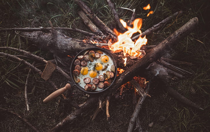fire, nature, food, background, branches, camping, sticks, bonfire, logs, pine cones, fried eggs, 4k ultra hd, HD wallpaper