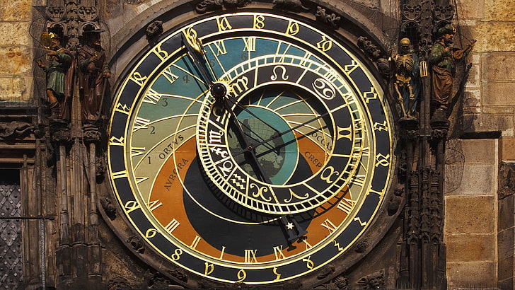 multicolored Roman chronograph watch wallpaper, architecture, Prague, Czech Republic, clocktowers, clocks, clockwork, astronomy, skeleton, old building, Zodiac, machine, history, HD wallpaper