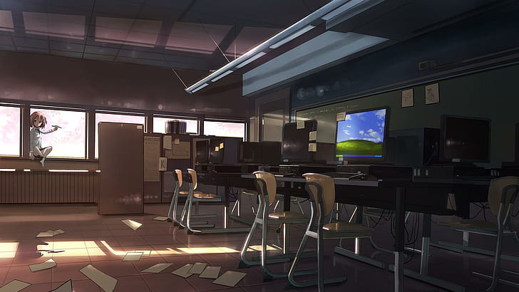 Rooms, Anime Girls, Classroom, Computers, computer set; desk and table set, rooms, anime girls, classroom, computers, HD wallpaper