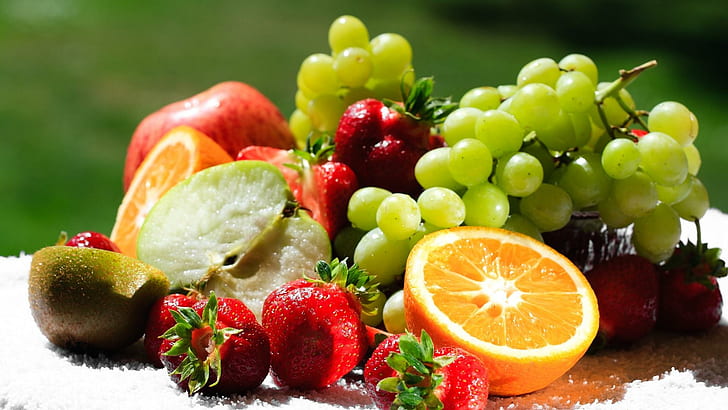 Sortiment von frischem Obst, Vitaminen, Orange, erfrischend, gesund, Trauben, Apfel, Erdbeere, Fotografie, Gesundheit, natürlich, Grap, HD-Hintergrundbild