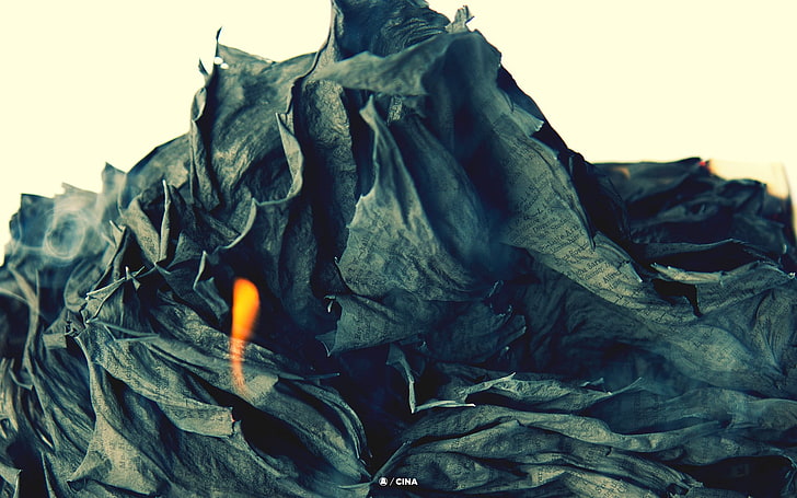 abstract, burning, crumpled, flames, paper, smoke, writing, HD wallpaper