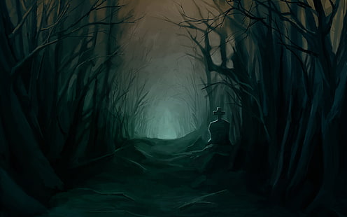 гробище, зловещо, тъмно, гора, блясък, гроб, Хелоуин, пейзажи, нощ, страшно, призрачен, надгробен камък, дървета, гори, HD тапет HD wallpaper