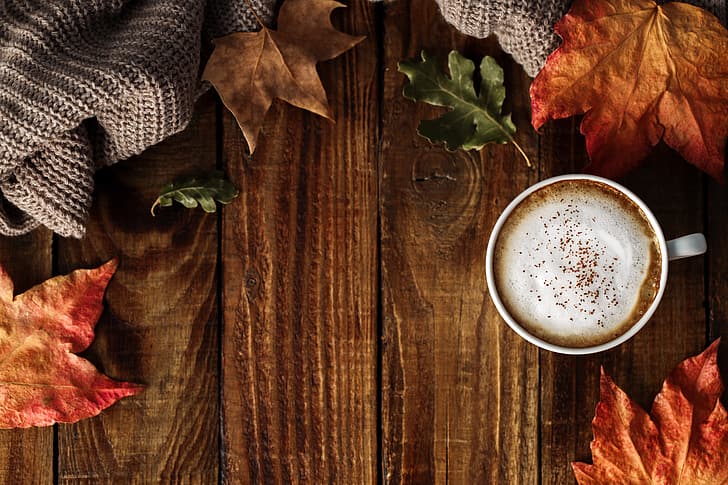 Herbst, Blätter, Hintergrund, bunt, Holz, Tasse, Kaffee, eine Tasse Kaffee, Ahorn, HD-Hintergrundbild