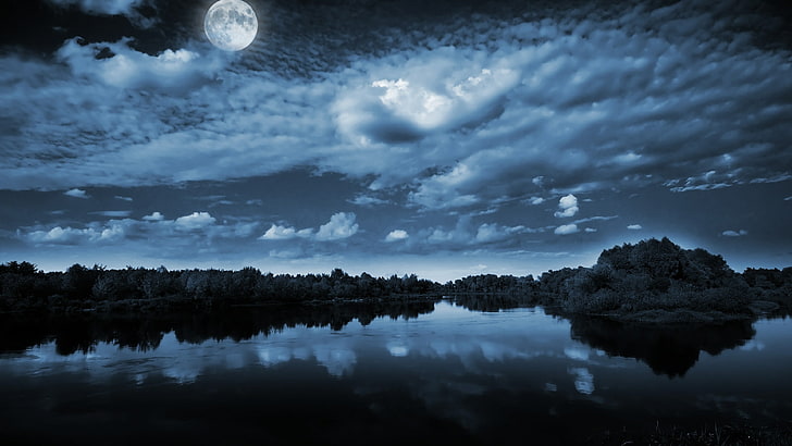 небо, отражение, природа, вода, полная луна, лунный свет, облако, темнота, горизонт, луна, залитая лунным светом, спокойствие, ночь, ночное небо, романтично, озеро, HD обои