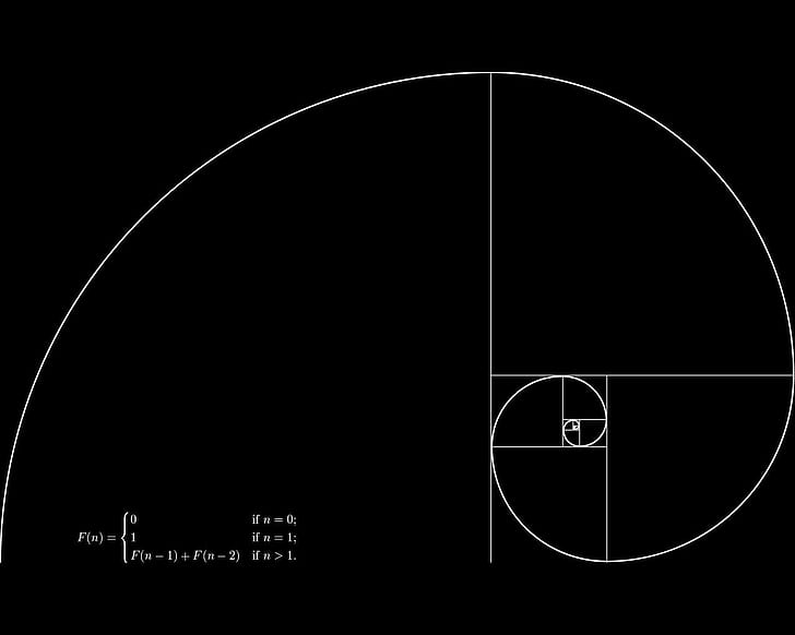 black background, Fibonacci Sequence, geometry, Golden Ratio, Inception, mathematics, minimalism, monochrome, numbers, Spiral, Square, HD wallpaper