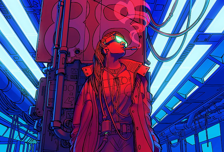 mujer fumando en fondo de pantalla de abrigo, obras de arte, ciencia ficción, cyberpunk, mujeres, fumar, neón, Eric Geusz, entroz, Fondo de pantalla HD