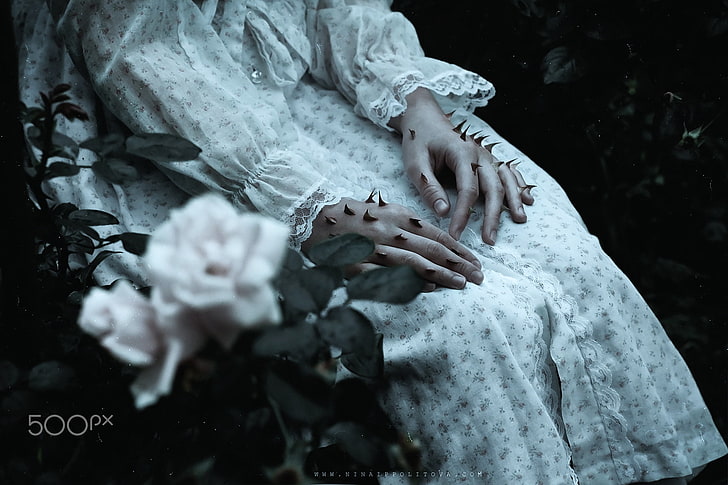 темная фантазия, 500px, темная, Широ Игараси, руки, роза, шипы, HD обои