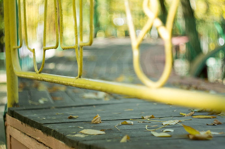 gult stålstaket, fall, löv, bokeh, gult, staket, park, träytan, HD tapet