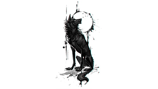 иллюстрация черного волка, волк, традиционное искусство, аннотация, белый фон, HD обои HD wallpaper
