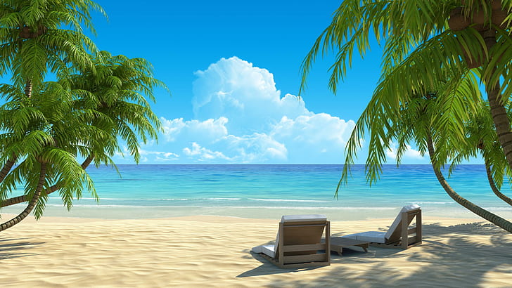 Paradise, relax, palms, tropical, sand, waves, chair, blue, clouds, nature, tree, tropical beach, green, beach, HD wallpaper