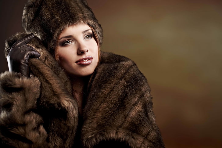 women's brown and black fur coat, winter, girl, clothing, hat, leather, gloves, coat, fur, HD wallpaper