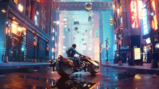 digitale, arte digitale, opera d'arte, illustrazione, città, città futuristica, cyberpunk, luci della città, motociclo, riflessione, città di fantasia, strada, Sfondo HD HD wallpaper