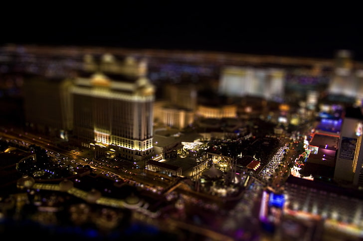 Hochhäuser, Draufsicht der Stadt während der Nacht, Architektur, Neigungsverschiebung, Stadtbild, Las Vegas, HD-Hintergrundbild