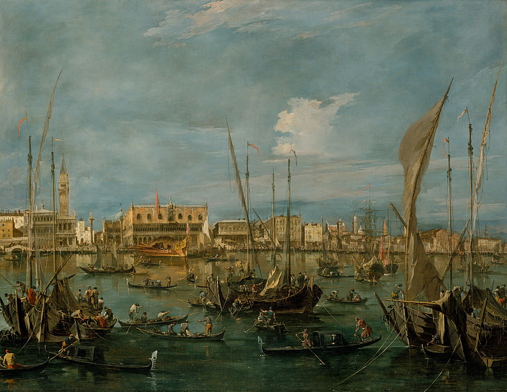 brun och vit båtillustration, francesco guardi, Venedig från bacino di san marco, olja, duk, barock, HD tapet