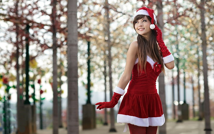 Asian, santa, Santa costume, looking away, Agnes Lim, standing, smiling, auburn hair, Christmas, women, long hair, HD wallpaper