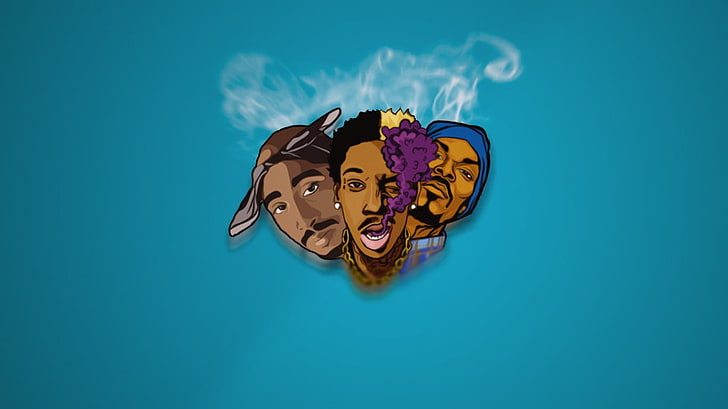 Ilustración de la cara de tres hombres, 2Pac, Wiz Khalifa, Snoop Dogg, hip hop, música, Makaveli, Fondo de pantalla HD