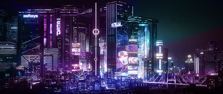 Giappone, cyberpunk, ciano, futuristico, Sfondo HD