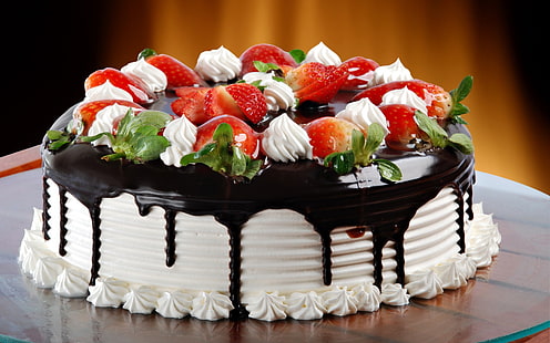 Kue krim cokelat, kue stroberi putih dan hitam, Coklat, Krim, Kue, Wallpaper HD HD wallpaper