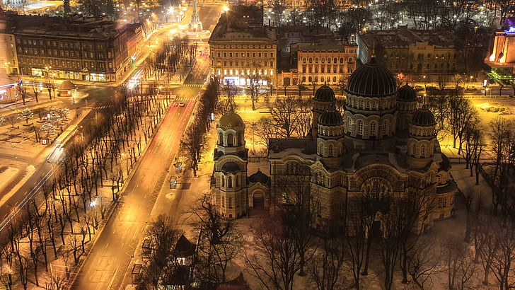 Riga, Latvia, city night, buildings, road, lights, white and black concrete cathedral, Riga, Latvia, City, Night, Buildings, Road, Lights, HD wallpaper